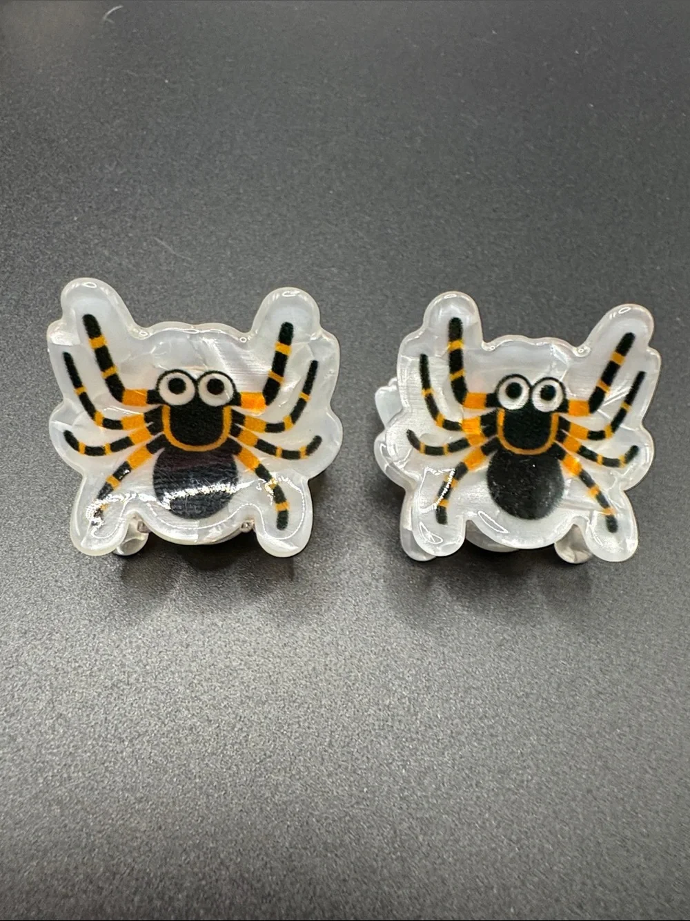 Cute Pearlescent Spider Hair Clips — Black & Orange set of 2 Halloween